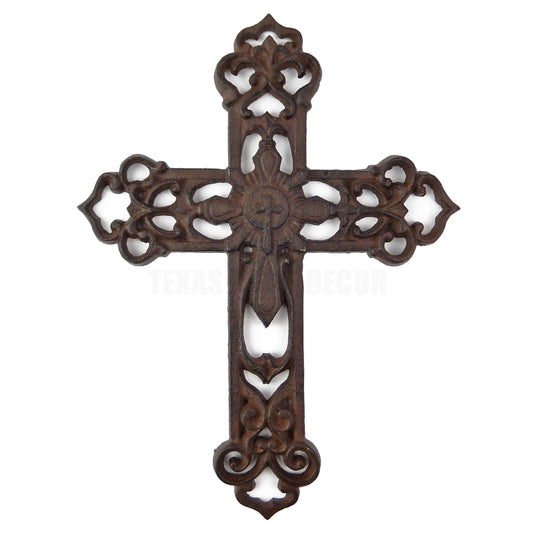 Fleur De Lis Decorative Wall Cross Layered Style Scrolls Rustic Cast Iron 11x8"