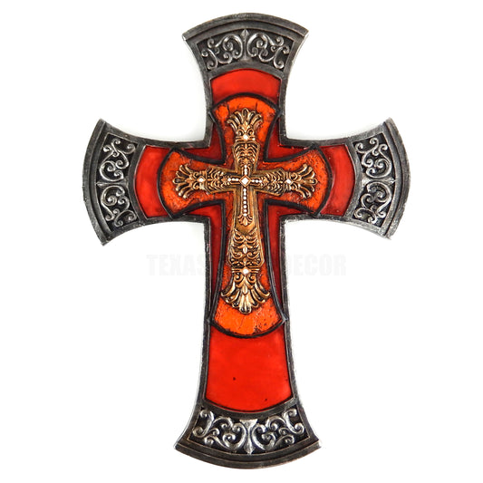 Fleur De Lis Wall Cross Layered Crosses Red Orange Silver Scrolls Tuscan 11.5"