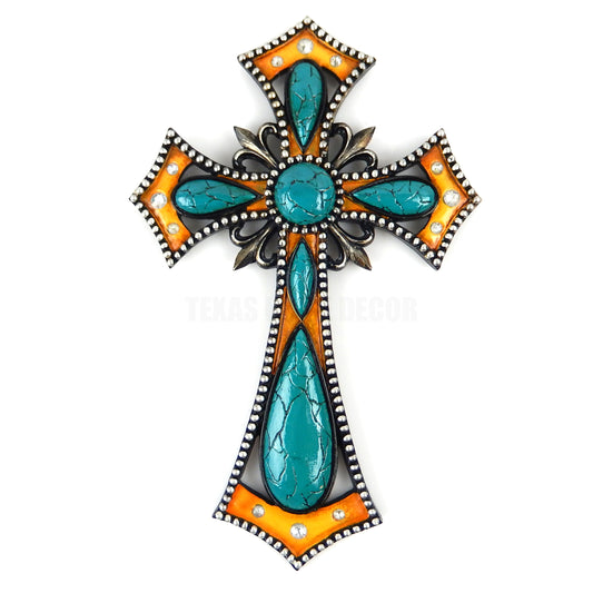 Turquoise Fleur De lis Decorative Wall Cross Rhinestones Studs Rustic Western