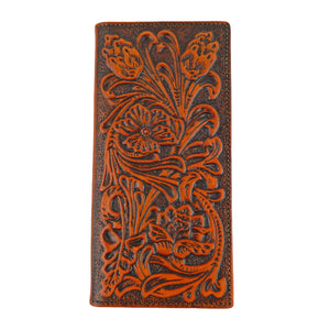 Brown Men's Bi-Fold Wallet Genuine Tooled Leather Floral Accents Woven Back