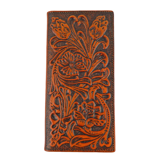 Brown Men's Bi-Fold Wallet Genuine Tooled Leather Floral Accents Woven Back