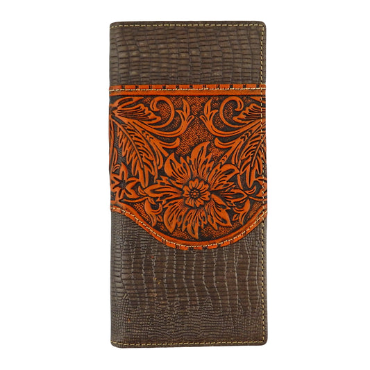 Western Bi-Fold Men's Rodeo Wallet Tooled Leather Floral Croc Texture Brown Gray