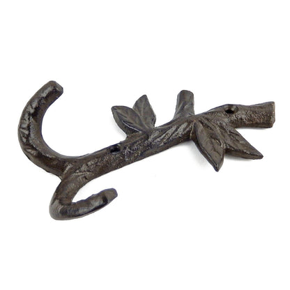 Twig Tree Branch Leaves Double Wall Hook Cast Iron Key Towel Coat Hanger Brown