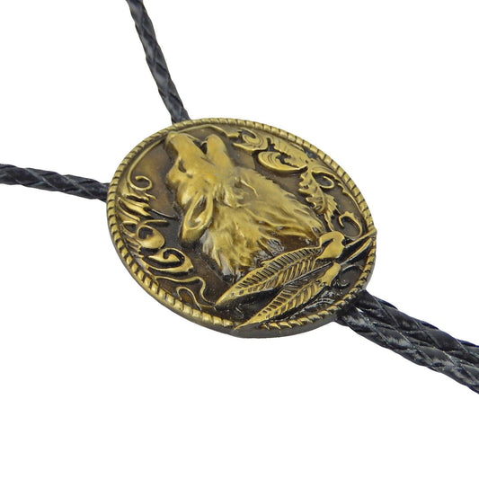 Howling Wolf Bolo Tie 40" Genuine Leather Cord Antique Bronze Detailed Tips