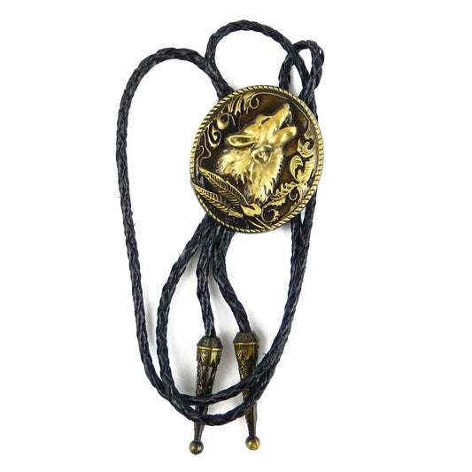 Howling Wolf Bolo Tie 40" Genuine Leather Cord Antique Bronze Detailed Tips