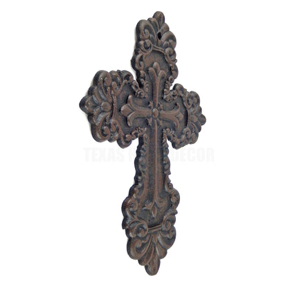 Fleur De Lis Cast Iron Wall Cross Layered Floral Design Rustic Brown 11”x8”