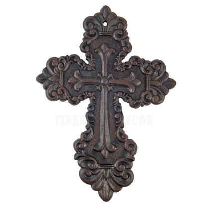 Fleur De Lis Cast Iron Wall Cross Layered Floral Design Rustic Brown 11”x8”