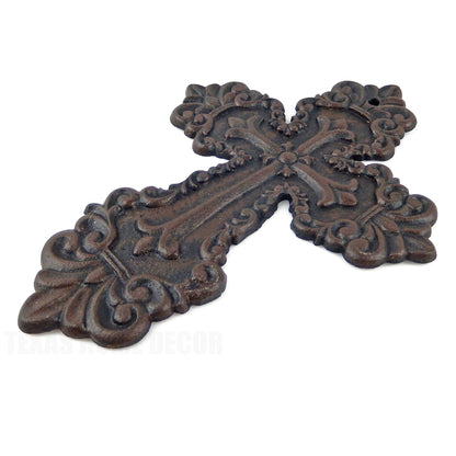 Fleur De Lis Cast Iron Wall Cross Layered Floral Design Rustic Brown 11”x8”