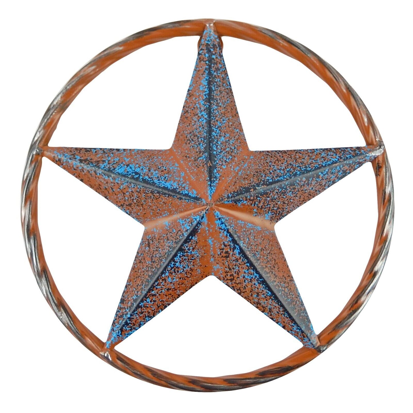 Turquoise Barn Star Rust Silver Tin Metal Rope Ring Texas Wall Decor 8 inch