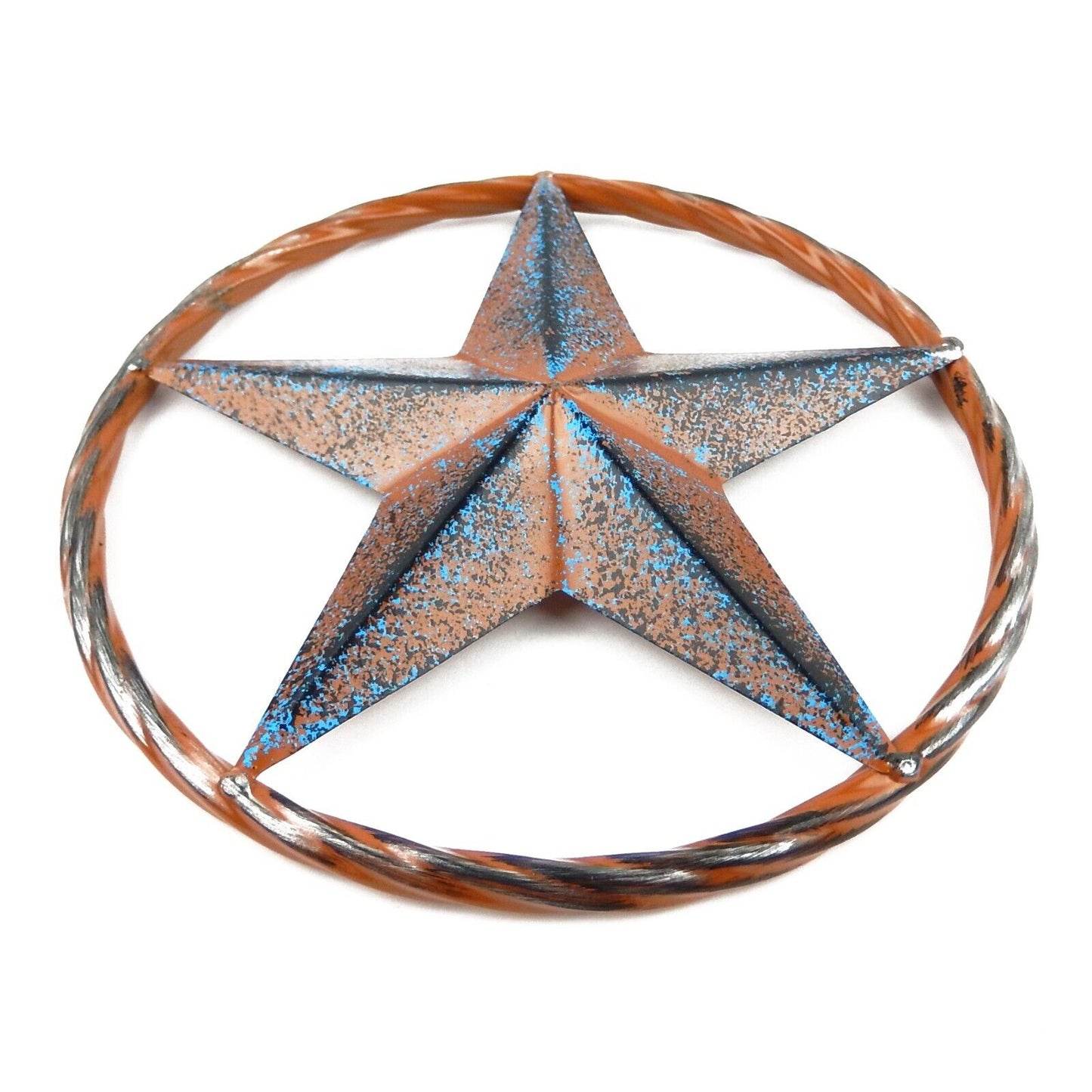 Turquoise Barn Star Rust Silver Tin Metal Rope Ring Texas Wall Decor 8 inch