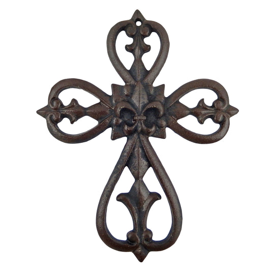 Fleur De Lis Wall Cross Cast Iron Rustic Tuscan Style Old World Decor 10 x 8"