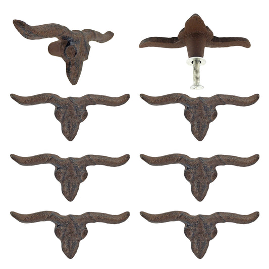 6 Longhorn Steer Drawer Pull Handle Knob Brown 3 1/2 inch Cast Iron Western