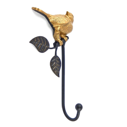 Bird & Leaves Wall Hook Gold & Black Metal Key Towel Coat Hanger