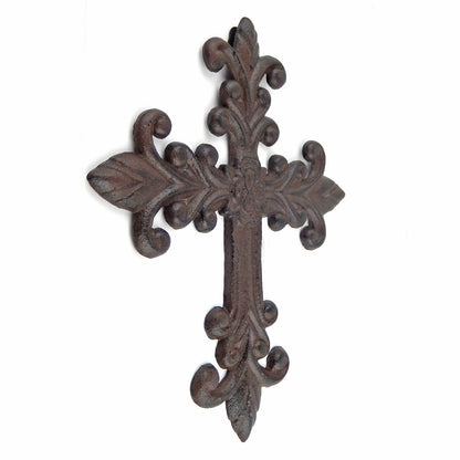 Fleur De Lis Cast Iron Wall Cross Rustic Finish Victorian Decor 10 x 8 1/2 inch