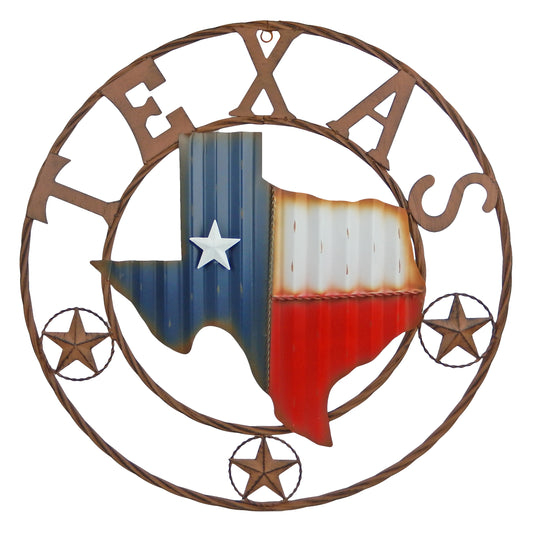 Metal Texas Map Stars Wavy Flag Wall Decor Rustic Western Rope Ring 24 inch