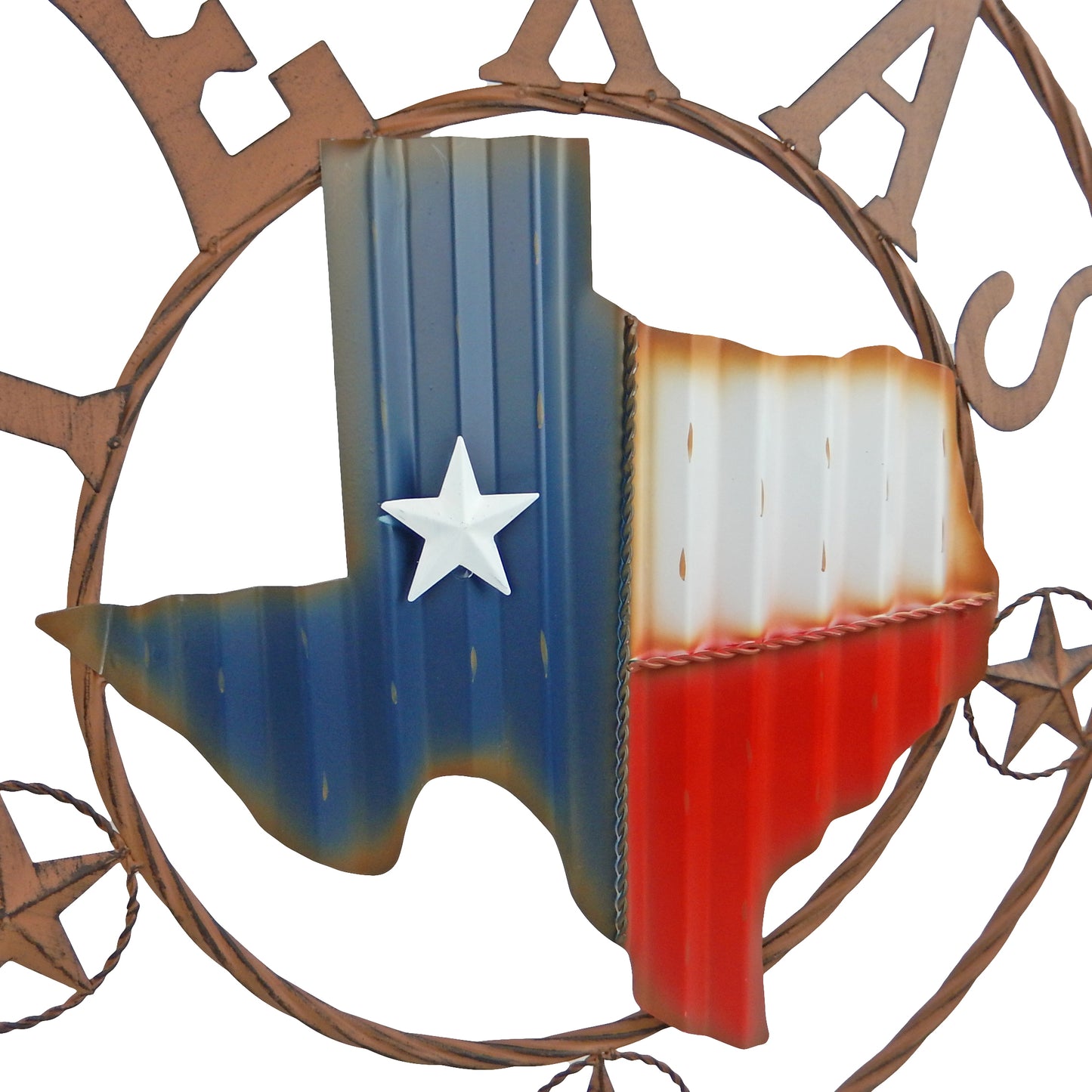 Metal Texas Map Stars Wavy Flag Wall Decor Rustic Western Rope Ring 24 inch