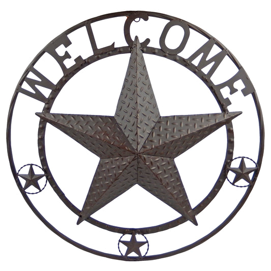 Metal Welcome Barn Star Wall Decor Sign Rope Ring Brown Rustic Western 24 inch