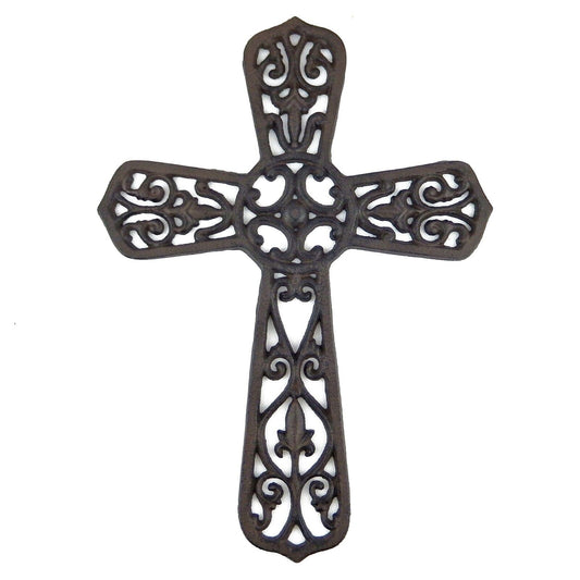 Cast Iron Ornate Fleur De Lis Wall Cross Scrolls Rustic Antique Brown 14 1/4 in