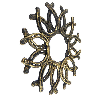 Cast Iron Western Horseshoe Wreath Wall Decor Rustic Antique Gold 13 inch