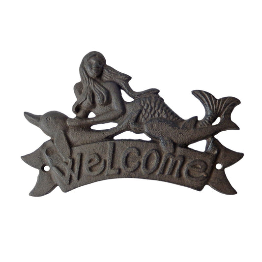 Cast Iron Mermaid Dolphins Welcome Wall Plaque Sign Nautical Decor Rustic Brown