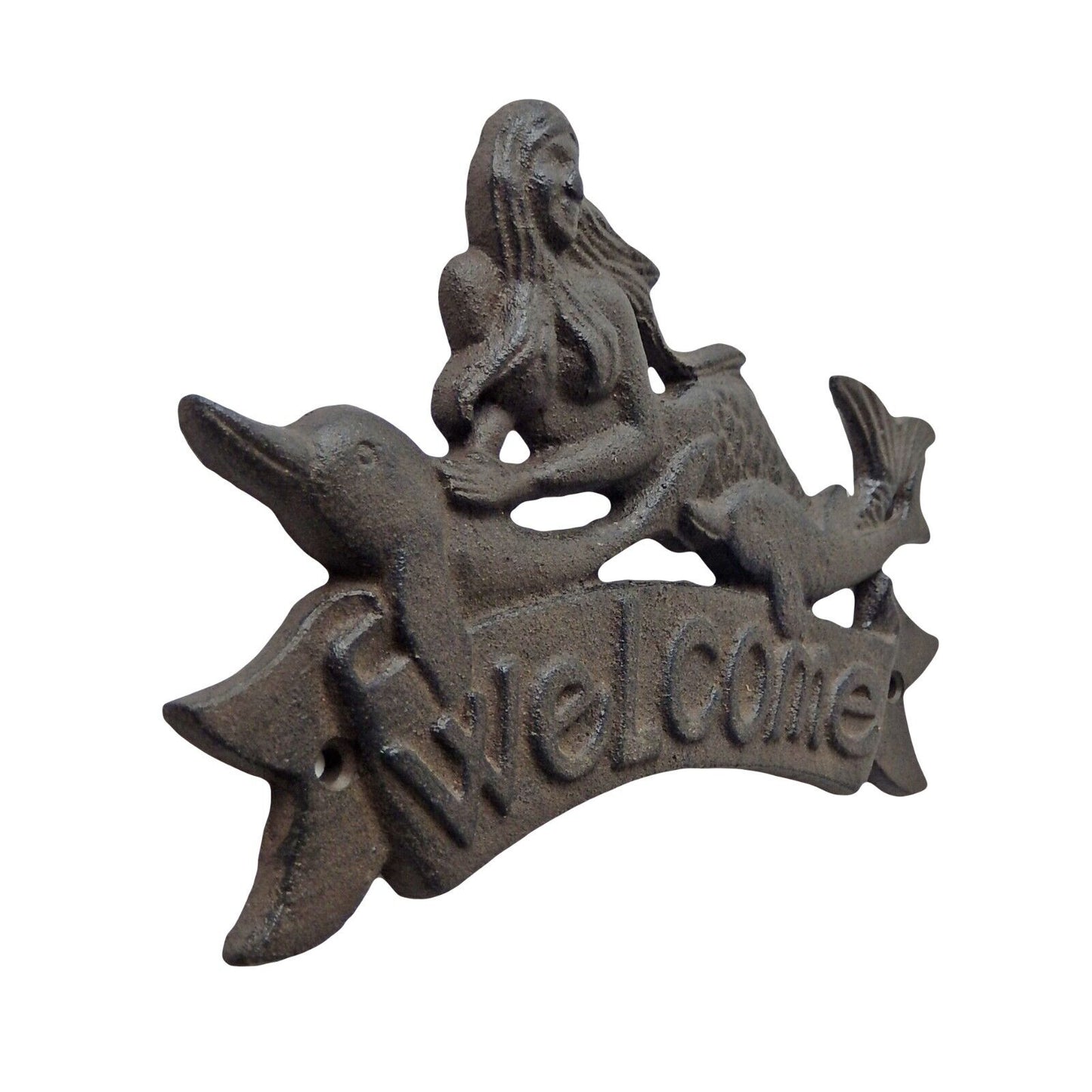 Cast Iron Mermaid Dolphins Welcome Wall Plaque Sign Nautical Decor Rustic Brown