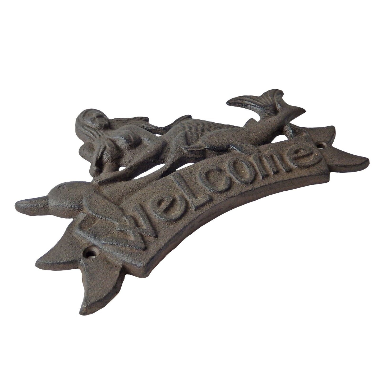 Cast Iron Mermaid Dolphins Welcome Wall Plaque Sign Nautical Decor Rustic Brown