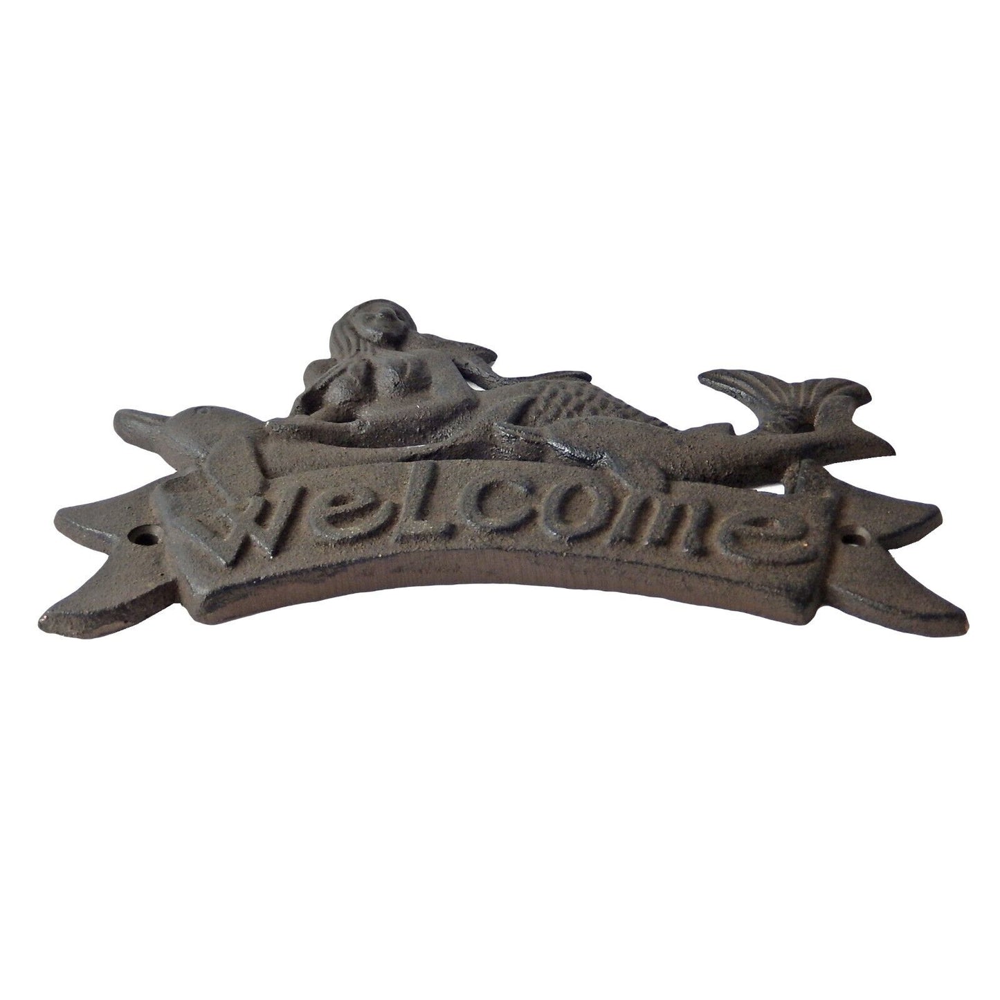 Cast Iron Mermaid Dolphins Welcome Wall Plaque Sign Nautical Decor Rustic Brown