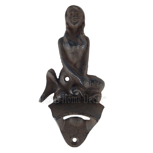 Mermaid Beer Soda Bottle Opener Cast Iron Nautical Wall Mounted Rustic Brown