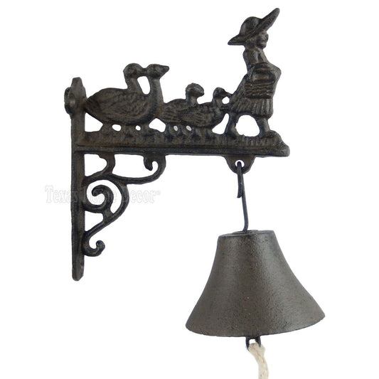 Lady with Geese Dinner Bell Cast Iron Wall Mount Antique Style Rustic Finish