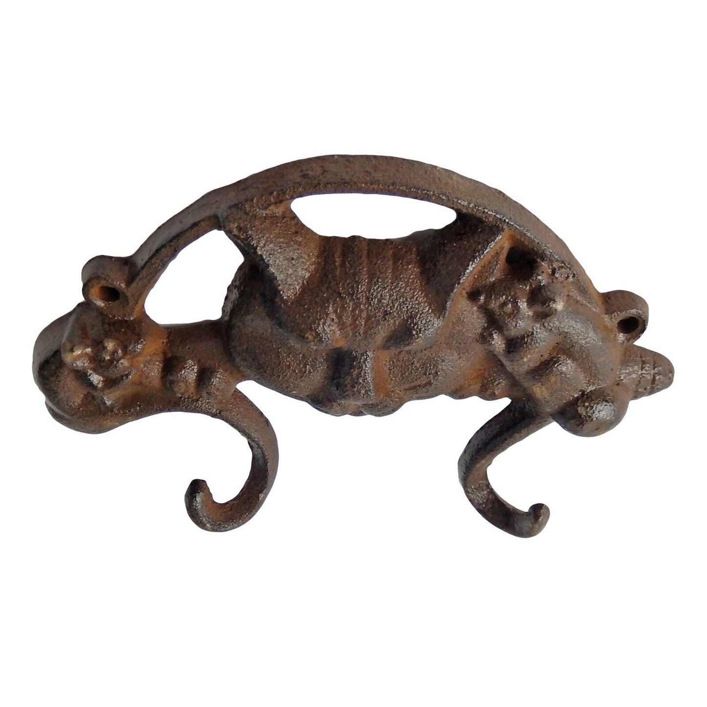 Cast Iron Cat Mouse Tail Double Wall Hook Key Towel Coat Hanger Rustic Brown