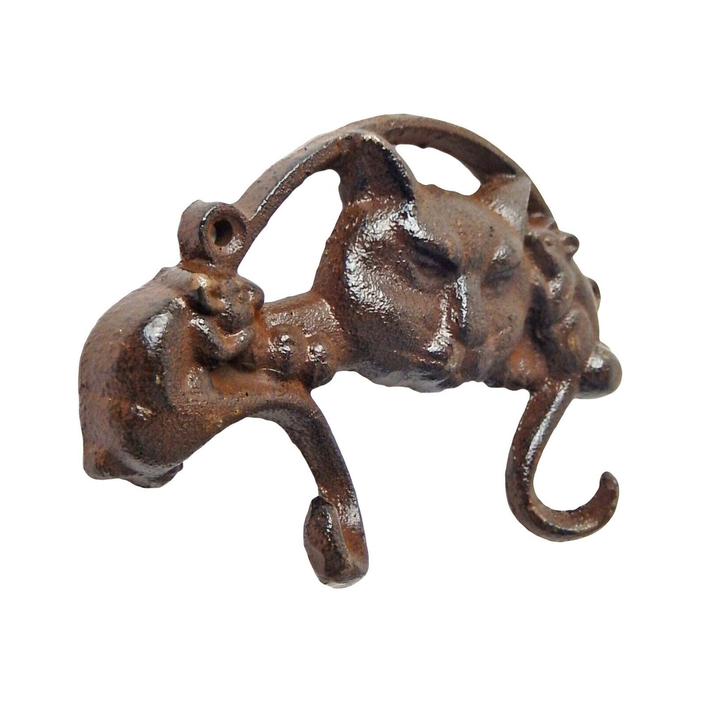 Cast Iron Cat Mouse Tail Double Wall Hook Key Towel Coat Hanger Rustic Brown