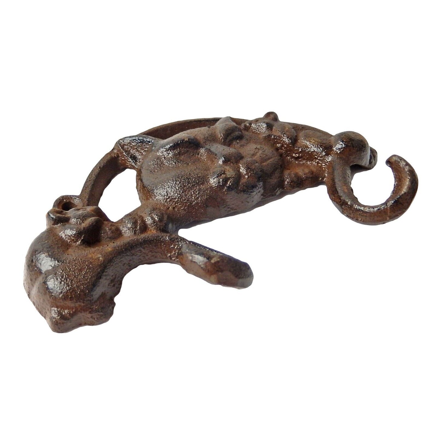 Cast Iron Cat Mouse Tail Double Wall Hook Key Towel Coat Hanger Rustic Brown