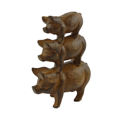 Cast Iron Rusted 3 Pigs Stacked Doorstop Figurine Antique Style Farm Decor Brown