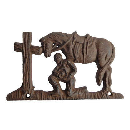 Small Rustic Cast Iron Cowboy Kneeling At Cross With Horse Wall Decor 5 3/4 in