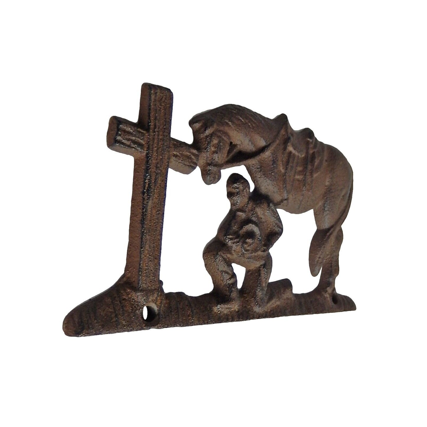 Small Rustic Cast Iron Cowboy Kneeling At Cross With Horse Wall Decor 5 3/4 in