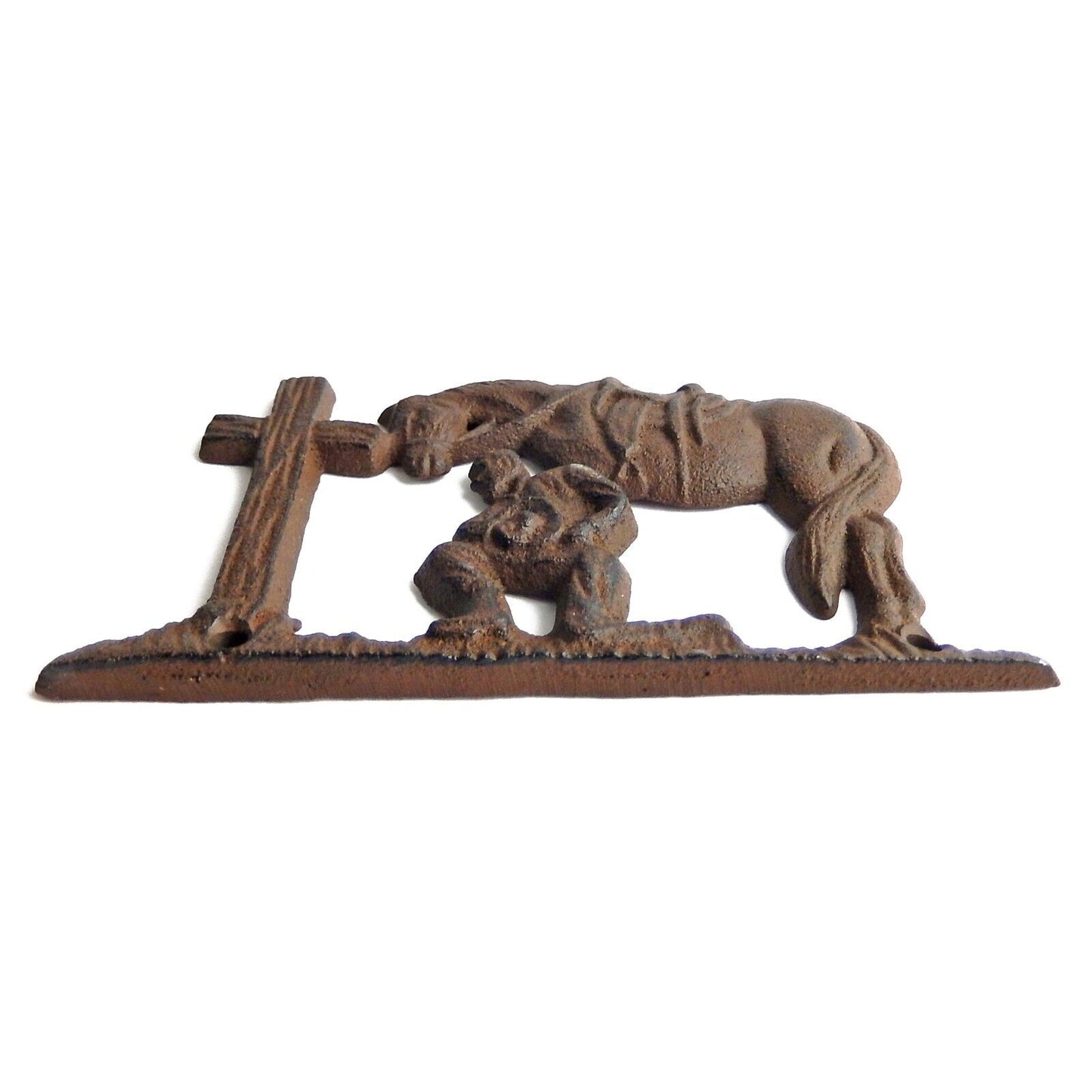 Small Rustic Cast Iron Cowboy Kneeling At Cross With Horse Wall Decor 5 3/4 in