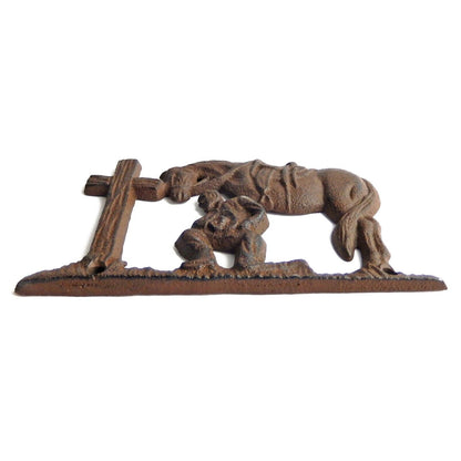 Small Rustic Cast Iron Cowboy Kneeling At Cross With Horse Wall Decor 5 3/4 in