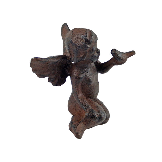 Angel Sitting Figurine with Bird Cherub Statue Garden Rustic Cast Iron 3.5" Tall