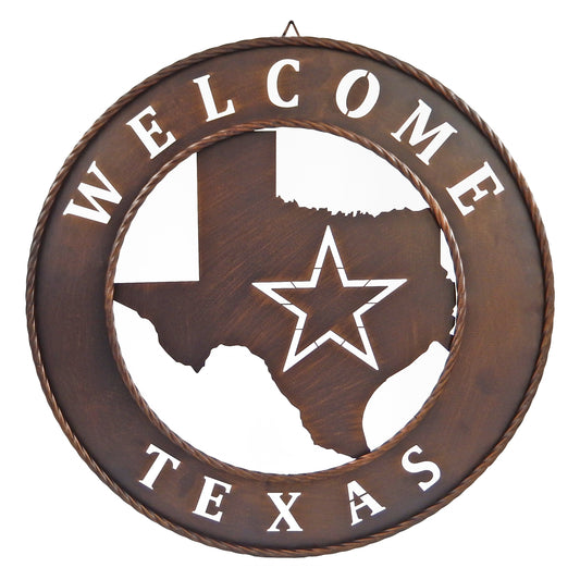 Metal Welcome Texas Map Star Wall Decor Round Rope Ring Brushed Copper 18 inch