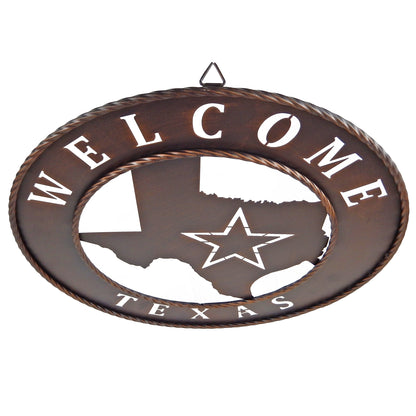 Metal Welcome Texas Map Star Wall Decor Round Rope Ring Brushed Copper 18 inch