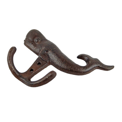 Cast Iron Sperm Whale Double Wall Hook Nautical Key Towel Coat Hanger Brown