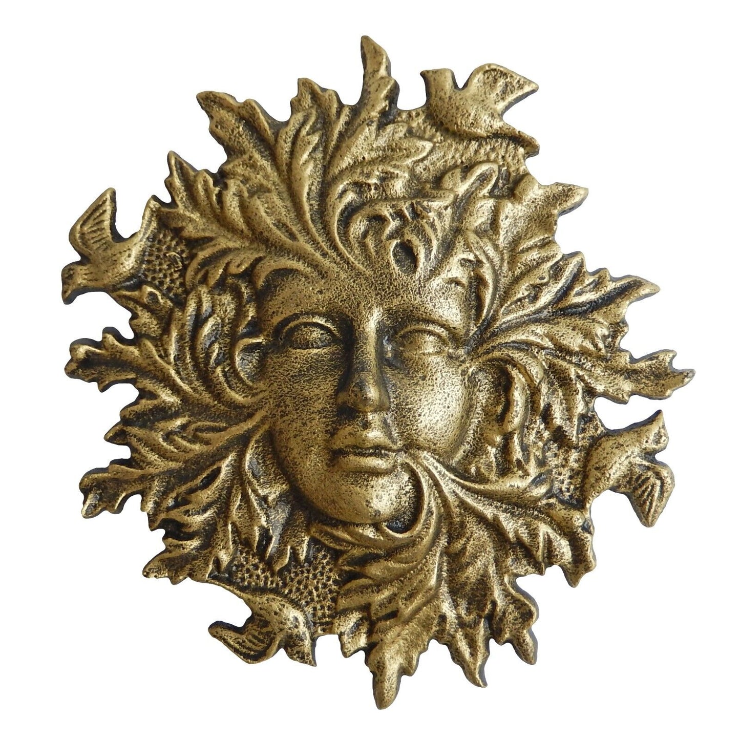 Cast Iron Garden Face Porch Wall Decor Birds Leaf Pattern Rustic Gold 11.25 in