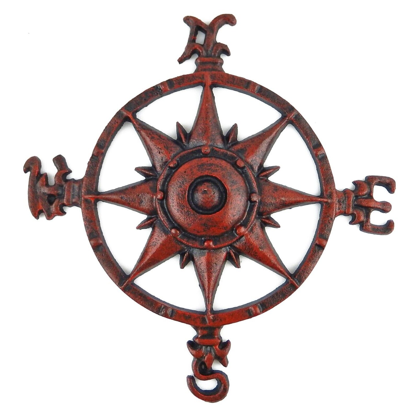 Cast Iron Nautical Star Rose Compass Beach House Wall Decor Rustic Red 11.25 in