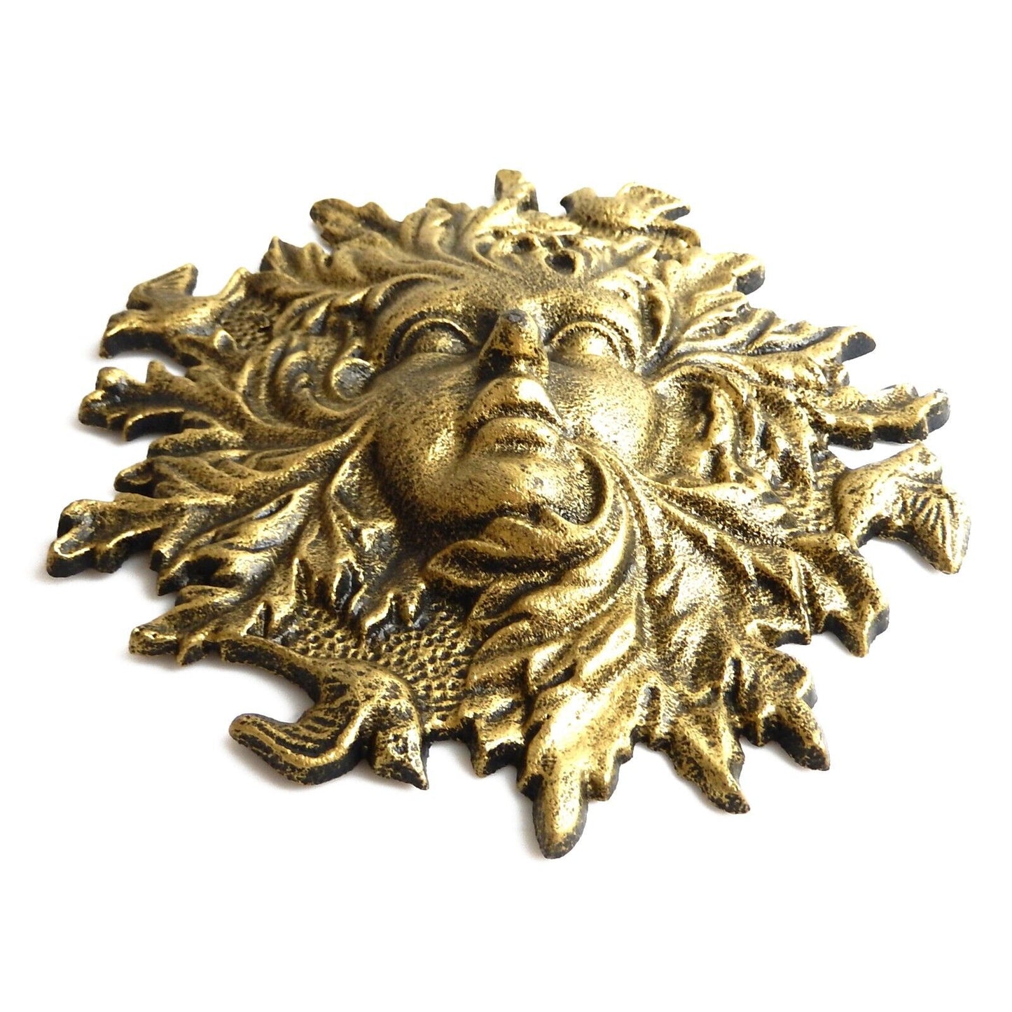 Cast Iron Garden Face Porch Wall Decor Birds Leaf Pattern Rustic Gold 11.25 in