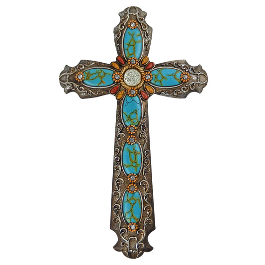 Turquoise & Druzy Wall Cross Rhinestones Antique Silver Tone Ornate Scrolls 18"