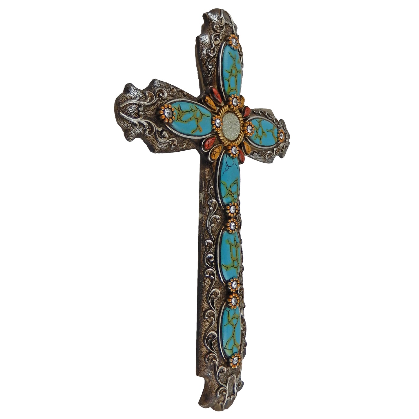 Turquoise & Druzy Wall Cross Rhinestones Antique Silver Tone Ornate Scrolls 18"