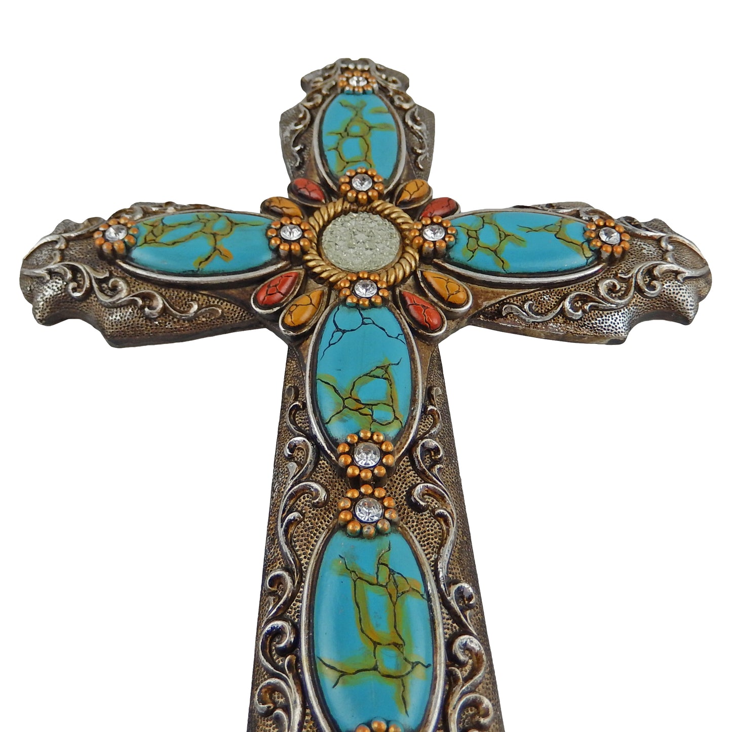 Turquoise & Druzy Wall Cross Rhinestones Antique Silver Tone Ornate Scrolls 18"