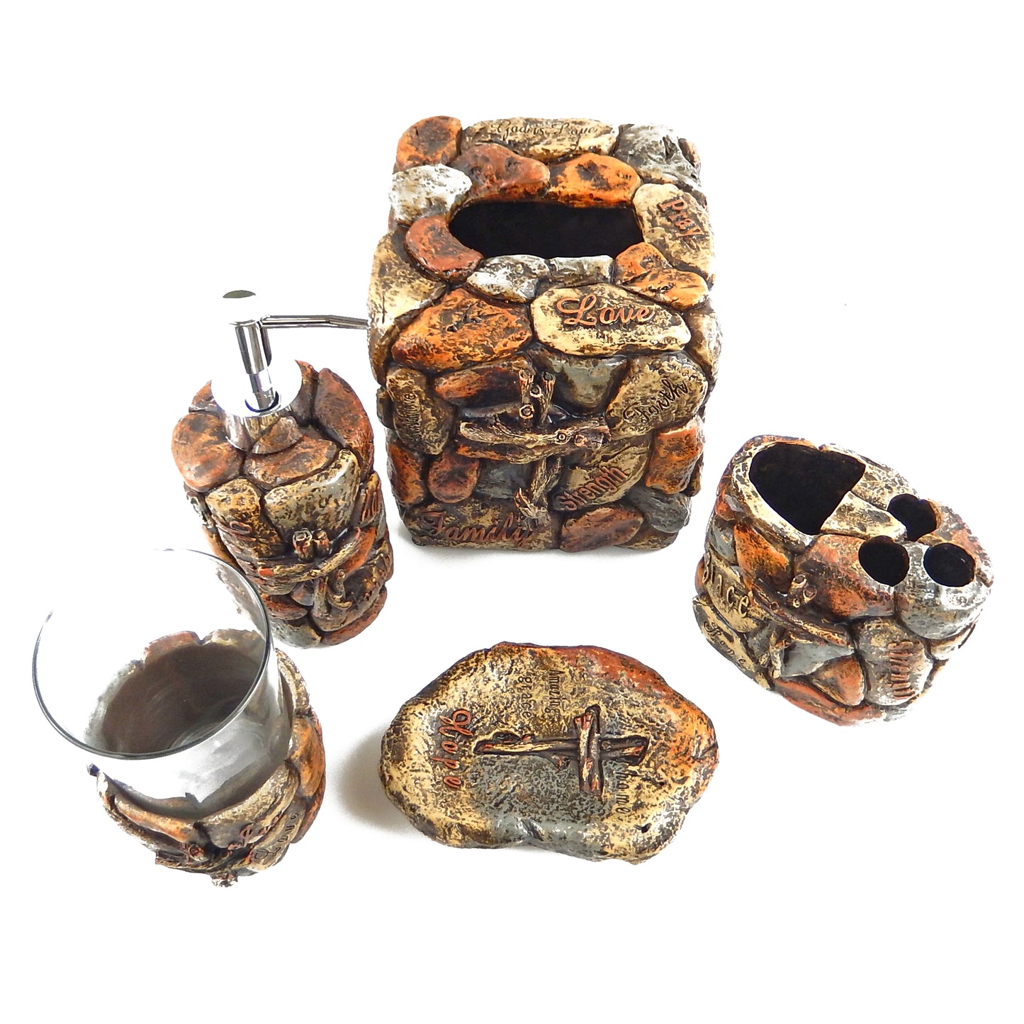 Inspirational Bathroom Accessory Set 5 Pieces Faux Engraved Stones Cross