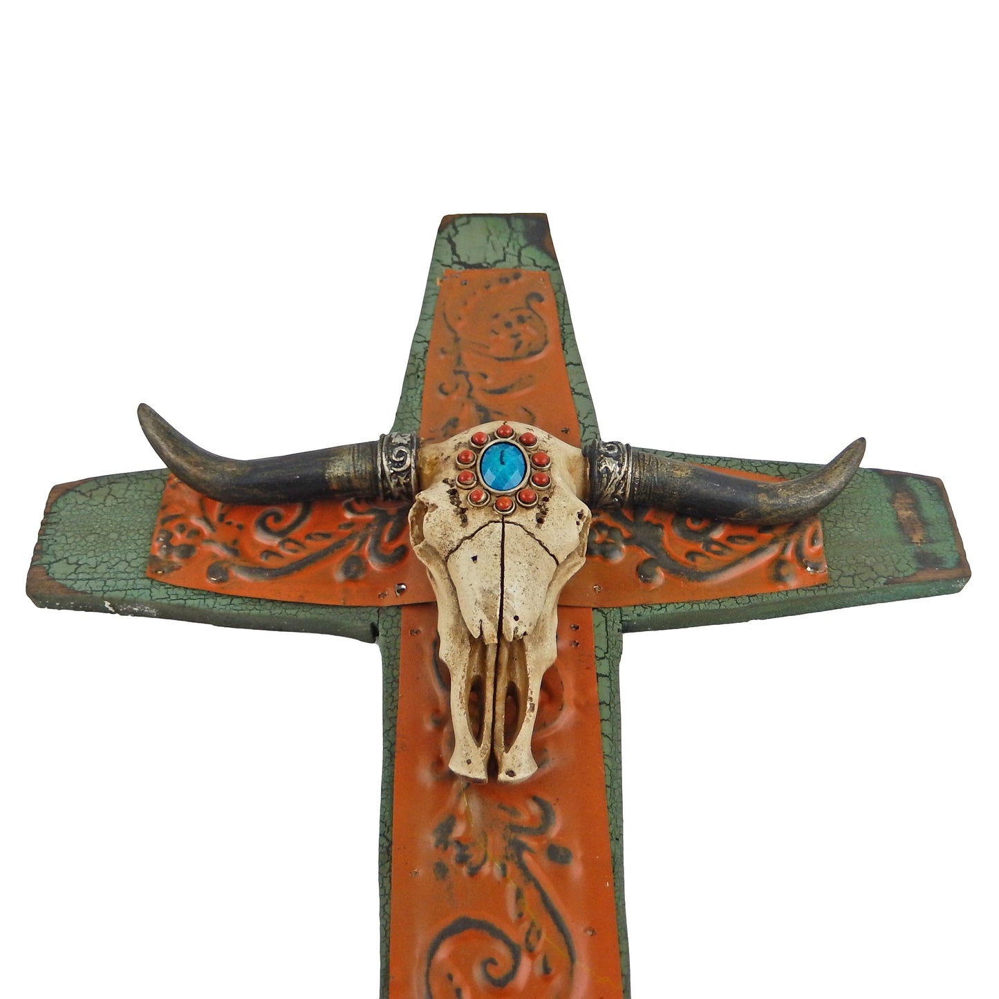 Rustic Western Wooden Steer Skull Horns Wall Cross Metal Scrolls Accents 19 3/4 in