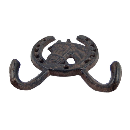 Cast Iron Horseshoe Horse Double Wall Hook Key Towel Coat Hanger Rustic Brown